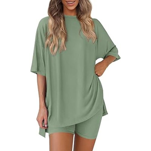 PRETTYGARDEN Women's Two Piece Lounge Set 2025 Summer Casual Oversized Shirts Biker Shorts Matching Airport Travel Outfit