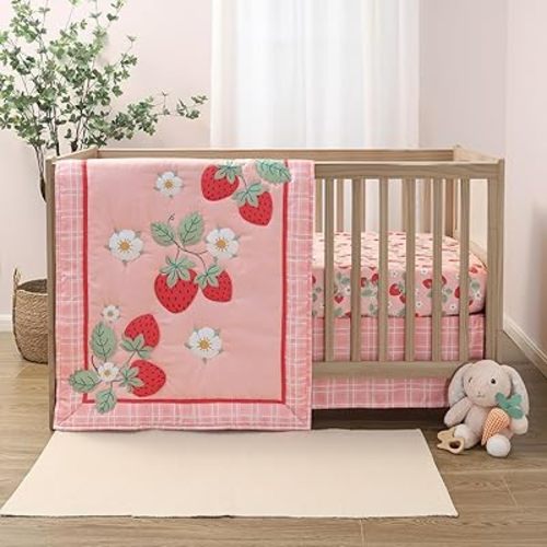 The Peanutshell Strawberry Sweet 3-Piece Baby Girl Crib Bedding Set – Pink Nursery Bedding, Crib Comforter & Decor for Newborns and Toddlers