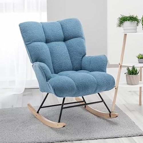 Rocking Chair Nursery Teddy, Upholstered Baby Fluffy Glider Rocker for Adults Small Spaces Indoor, Comfy Sherpa Compact Nursing Chairs for Living Room, Bedroom, LightBlue