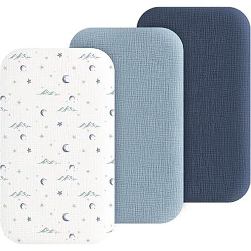 Muslin Bedside Sleeper Bassinet Fitted Sheets, 3 Pack Cotton Baby Sheet for Boys & Girls, Soft, Compatible with Baby Delight, Dream On Me, AMKE and Other Rectangle Mattress (Nightfall Blue)