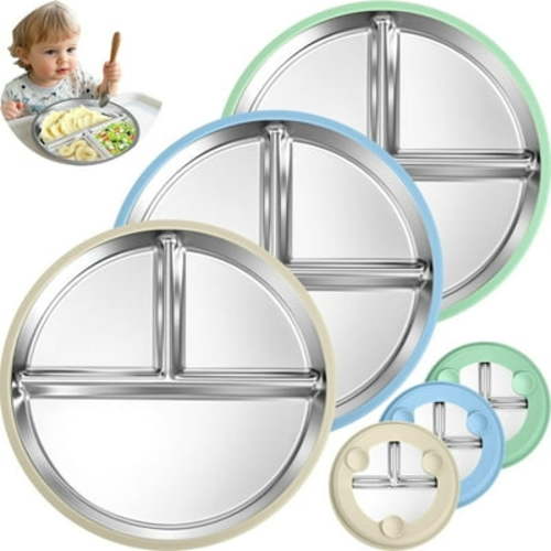 Stainless steel baby plates with suction - 9” Divided Toddler Baby Plates with Silicone Sleeves with Suction 2-in-1 Anti Breakage Metal Toddler Bowls Microwave Dishwasher Safe
