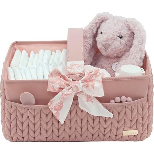Luxurious Baby Diaper Caddy, Nursery Storage Basket for Newborn Boy and Girl, Travel Baby Basket for Diapers Baby Wipes, Organizer Tote Bag Storage Bin, Baby Shower Gifts(dusty rose)