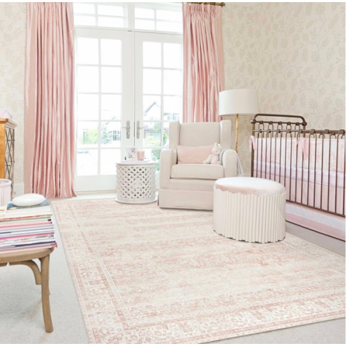 Nursery Rug for Baby Girl Neutral Blush Pink Boho Floral Washable Soft Faux Wool Area Rugs for Living Room Bedroom,5x8