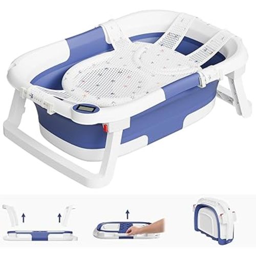 Collapsible Baby Bathtub,Baby Bath Tub with Soft Cushion & Thermometer,Baby Bathtub Newborn to Toddler 0-36 Months,Portable Travel Baby Tub, Blue, Bath Tub Pro