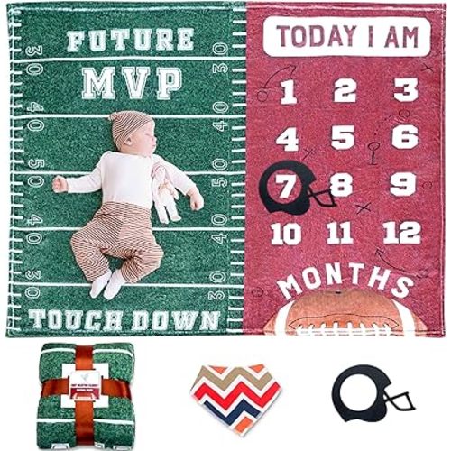 SUKOON Football Milestone Blanket for Baby Boy| Includes Frame and Bib | Large | 47"x40" | Personalized Monthly Baby Milestone Blanket for Newborn Baby Shower