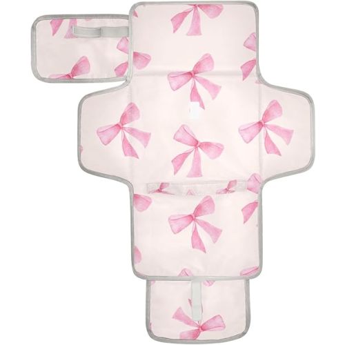 Pink Bow Geometric Baby Changing Pad - Waterproof Diaper Changing Pad with Built-in Pillow - Portable Travel Changing Mat for Newborn Girl & Boy