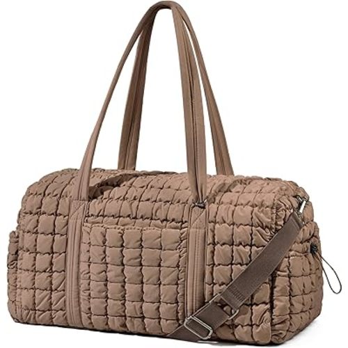 Quilted Travel Duffle Bag for Women Weekender Bag Large Puffer Overnight Bags Soft Puffy Duffel Bag Carry on Gym Bag Lightweight Personal Item Travel Bag for Trips Business Sport Airplane (Khaki)