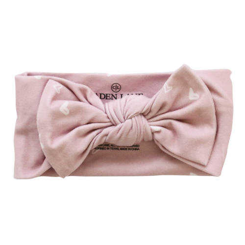 Printed Knit Large Bow Headwraps - Tiny Hearts in Dusty Pink