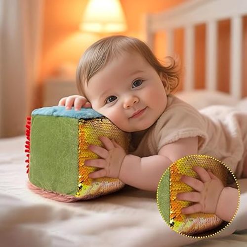 Sensory Touch Cube for Toddlers 3+, Soft Plush Activity Cube with Multi Textures, Crinkle Sounds & Tags, Baby Toy for Visual Tactile Development & Fine Motor Skills