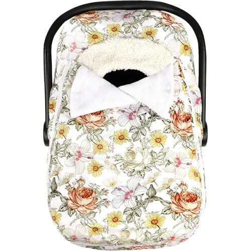 Baby Car Seat Cover Winter, Super Warm Baby Carseat Cover for Girl Boy, Plush Fleece Infant Car Seat Cover, Double Sides Zipper Carseat Canopy Covers, Purple Floral, Yellow Vintage Floral