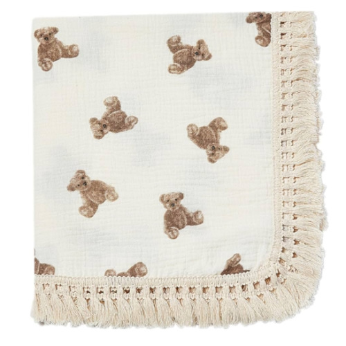 insular Cotton Muslin Baby Blanket with Tassel, Boho Bohemian Muslin Swaddle Blanket Baby Receiving Blanket with Fringe, Nursery Decor Throw or Nursing Blankets, 47" x40”, Little Bear