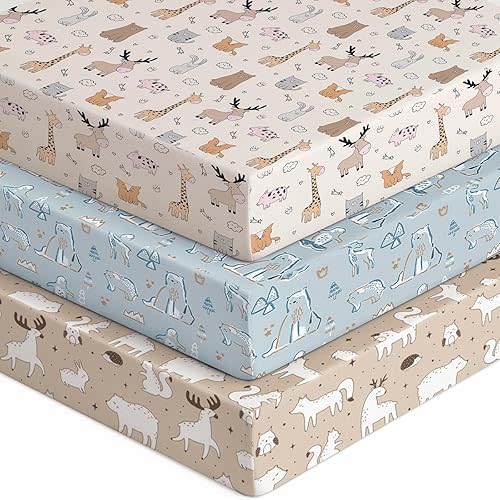 Baby Crib Sheets for Boys Girls, 28x52x8in Fitted Crib Sheet Neutral 3 Pack for Standard Crib and Toddler Mattress, Breathable Soft Microfiber Baby Sheet Blue & Apricot Bear