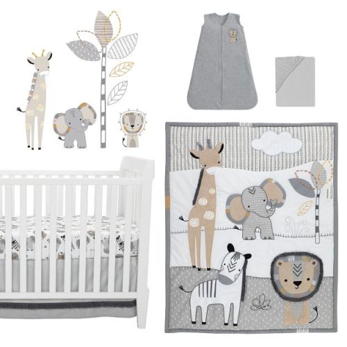 Lambs & Ivy Jungle Safari Gray/Tan/White Nursery 6-Piece Baby Crib Bedding Set