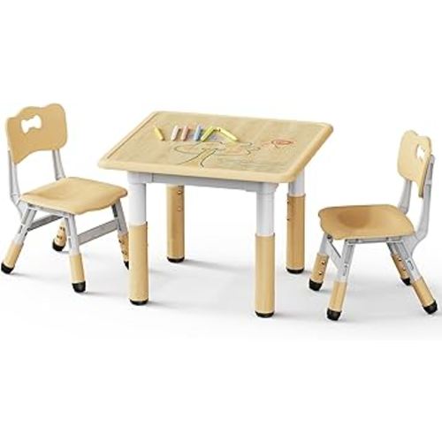 Brelley Kids Table and 2 Chairs Set, Height Adjustable Toddler Desk and Chair Set, Graffiti Desktop, Classroom/Daycare/Home, Children Multi-Activity Table for Ages 3-8