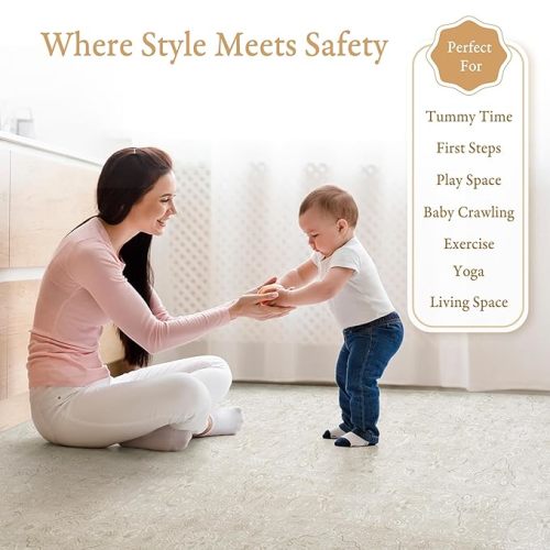 Premium Exercise & Baby Foam Play Mats - Stylish & Large Non-Toxic Odorless Floor Mat - 6 Tiles - Spacious 6ft x 4ft - Peel-Resistant Reinforced - Soft Thick, Waterproof - Pearl Beige