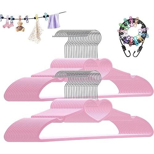 Plastic Hangers 50 Pack, Cute Clothes Hanger Ultra Thin Space Saving - Pink Clothes Hangers with 360 Degree Swivel Hook & Travel Clothesline - Sturdy Adult Coat Hangers for Dress, Shirts, Coats