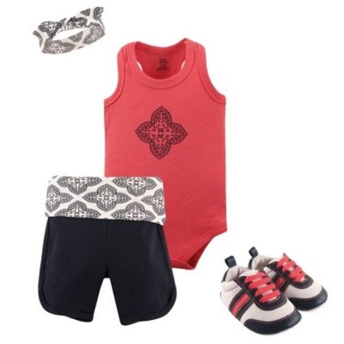 Yoga Sprout Baby Girl Cotton Layette and Shoe 4pc Set, Ornate Clover, 0-3 Months