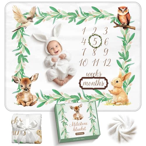 Baby Milestone Blanket for Monthly Photos, 50" x 40" Soft Premium Fleece, Woodland Theme, Includes 2 Markers, Premium Gift Box, Newborn Keepsake Gift