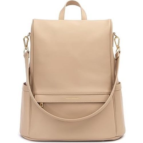 Leather Diaper Bag Backpack with Changing Pad, Stroller Straps, Bottle Holder (Beige Mia)