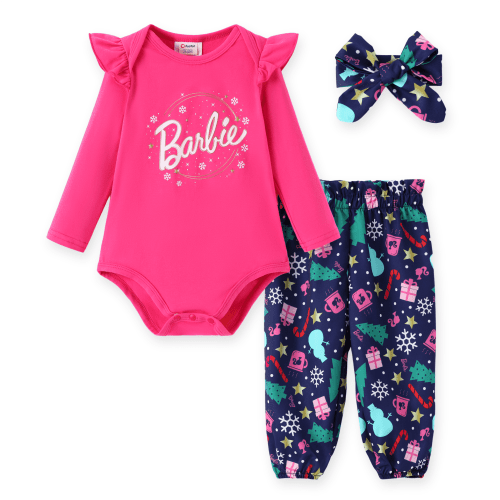 Barbie Baby Girl Clothes 3Pcs Christmas Ruffle Long Sleeve Romper And Graphic Pants Set With Headband Newborn Outfits Sizes 0/3-18M