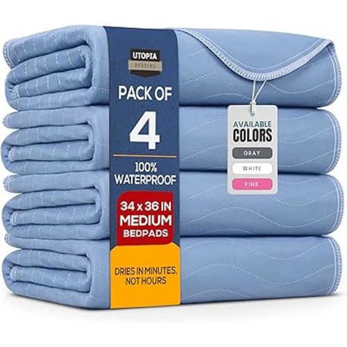 Utopia Bedding Washable Underpads 34" x 36" (Pack of 4), Waterproof Reusable Heavy Absorbency Incontinence Bed Pads for Adults, Kids, Elderly and Pets, Bedwetting Pads for Sofa and Couch (Blue)