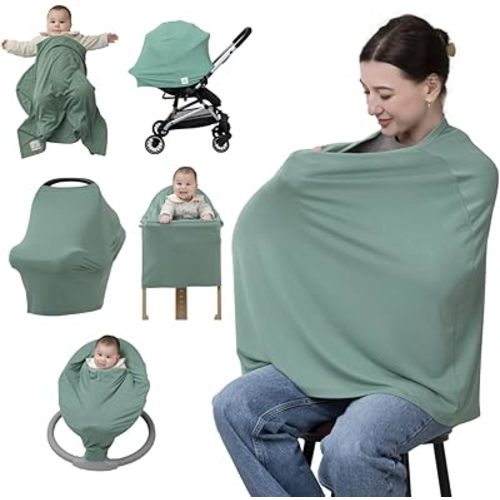 BabbleRoo Nursing Cover Up for Breastfeeding –95% Viscose, Soft & Breathable Baby Essentials | Newborn Essentials Breastfeeding Covers for Nursing, Multi-Use for Car Seat & High Chair – Moss Green