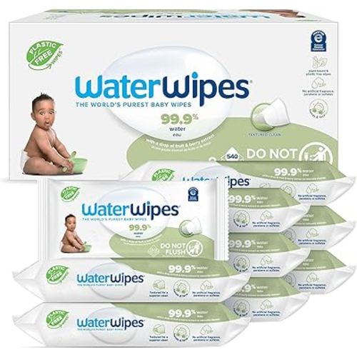 WaterWipes Plastic-Free Textured Clean, Toddler & Baby Wipes, 99.9% Water Based Wipes, Unscented & Hypoallergenic for Sensitive Skin, 540 Count (9 packs), Packaging May Vary
