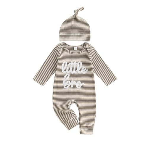 Tsnbre Newborn Baby Boy Clothes Little Bro One Piece Romper Jumpsuit Ribbed Knit Long Sleeve Striped Bodysuit with Hat