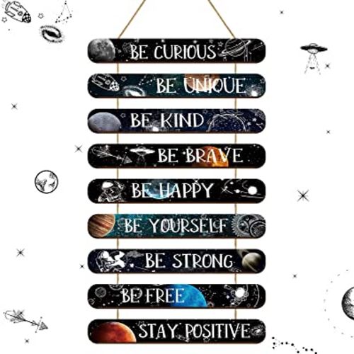 Yalikop Outer Space Nursery Decor, Space Themed Bedroom Decor Inspirational Room Decor Solar System Wall Hanging Plaque Sign with Saying Quotes for Boys