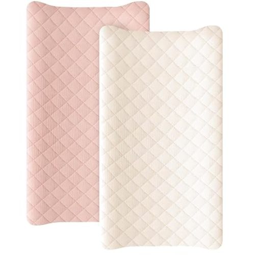 Konssy 2 Pack Quilted Muslin Changing Pad Cover, Waterproof Layer, 32"x16" | 100% Cotton Surface, Absorbent & Soft, Fitted Changing Table Sheets, Full Elastic Fit, for Baby Girls & Boys (Pink,Cream)