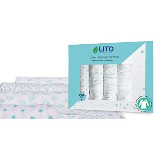 Linen and Towel Baby Swaddle Blankets 100% Organic Cotton Muslin Swaddles 4 Pack 48 inch x 48 inch Baby Blanket Soft Baby wrap in Blue Color