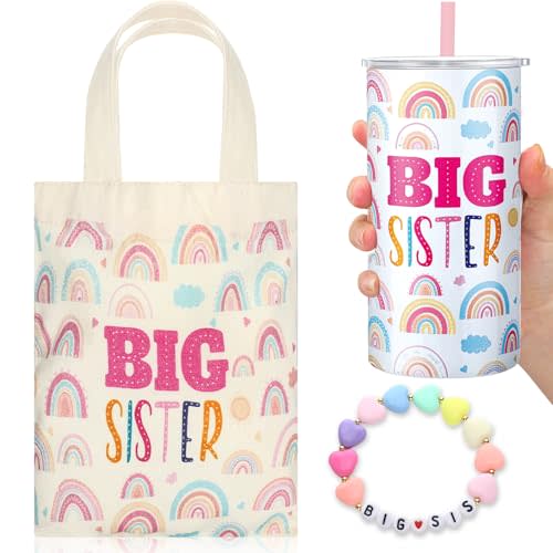 Shinylin 3 Pcs Big Sister Gift for Girls 12 oz Pink Big Sister Cup Stainless Steel Mug Vacuum Insulated Tumbler with Leakproof Lid and Straw Canvas Tote Bag and Bracelet for Little Girls Age 2-8