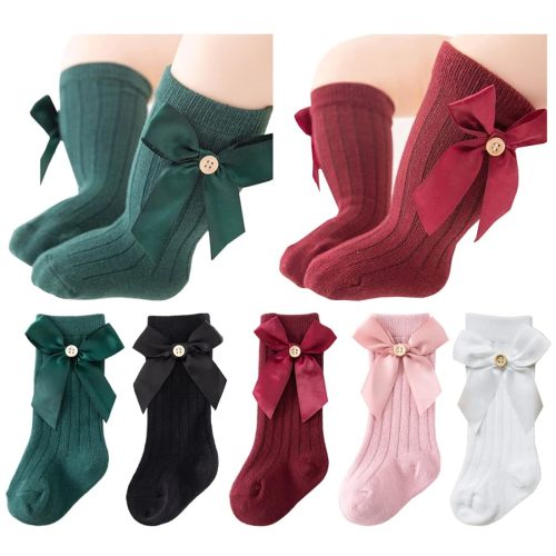 QandSweet Baby Newborn Knee High Socks Seamless Toddler Girls' Big Bow Button Cotton Stockings