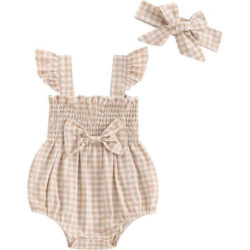 Newborn Baby Girl Ruffle Romper Fly Sleeve Plaid Print Front Bow Smocked Bubble Bodysuit with Headband
