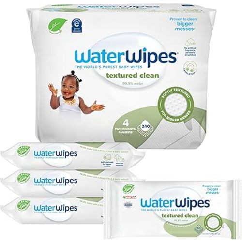 WaterWipes Plastic-Free Textured Clean, Toddler & Baby Wipes, 99.9% Water Based Wipes, Unscented & Hypoallergenic for Sensitive Skin, 240 Count (4 packs), Packaging May Vary