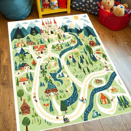 Fairy Tale Map Rug, Castle Town Kids Rug, Playroom Area Rug, Adventure Carpet For Children, Washable Rug, Non Slip Rug