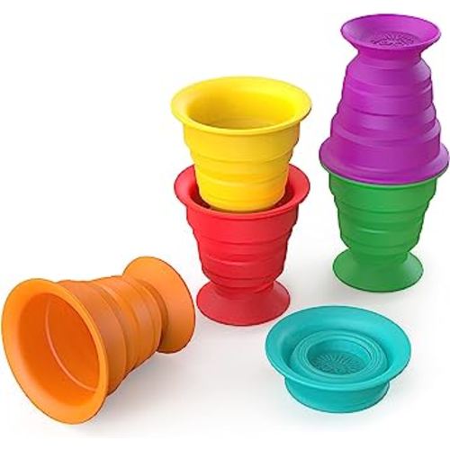 Baby Einstein Stack & Squish Cups Infant to Toddler Collapsible Sensory Toys for Beach, Bath, Floor & More, 6pcs, 3 Months+