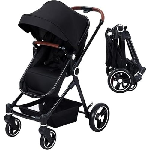 2 in 1 Stroller Reversible seat with Bassinet, Folds with one Hand for Ease of use Stroller with Recliner and Extra Large Canopy - Black