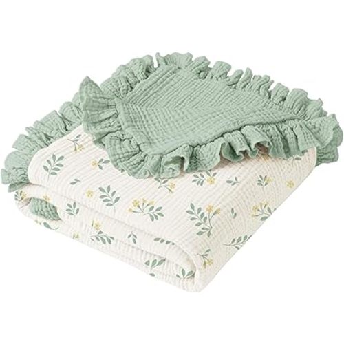 Konssy Flounce Muslin Baby Blankets, Cotton Crib Blanket for Baby Infant Toddler, Super Soft and Lightweight Nursery Blankets 40"x36" (Leafy)