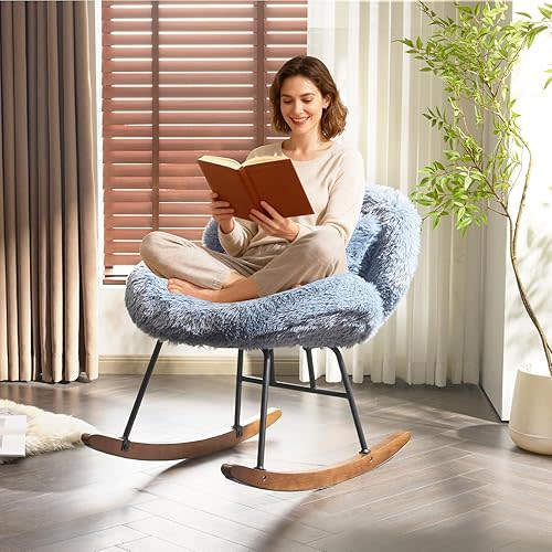 VINGLI 25.6" Extra Wide Criss Cross Nursery Rocking Chair,Cute Curved 115° Reclining Armless Glider,Plush Small Rocker w/Pillow & Solid Wood for Indoor,Bedroom, Living Room,Fluffy Fleece,Navy Blue