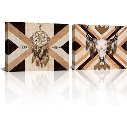 RnnJoile Aztec Paintings Canvas Wall Art Dream Catcher and Bull Skull Pictures Western Theme Prints for Cowboys Wall Decor Framed Ready to Hang (Brown, Small)