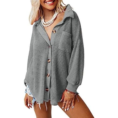 Dokotoo Womens Waffle Knit Shacket Jacket Casual Long Sleeve Button Down Shirts Dressy Blouses Tops