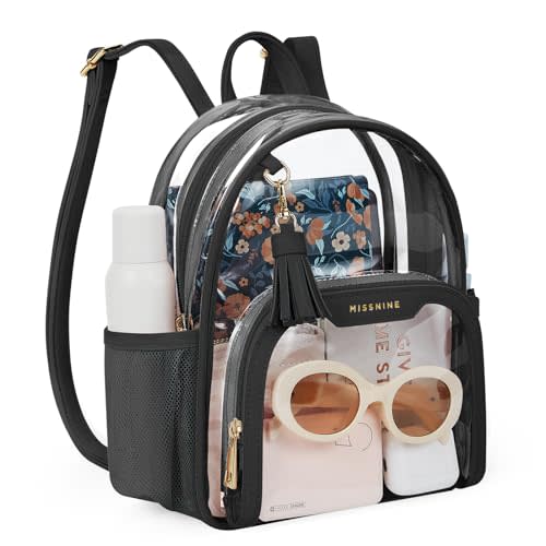 Missnine Clear Backpack Stadium Approved, Thick PVC Mini Clear Bag with Leather Trim for Sports Event, Concert, Festival, Black