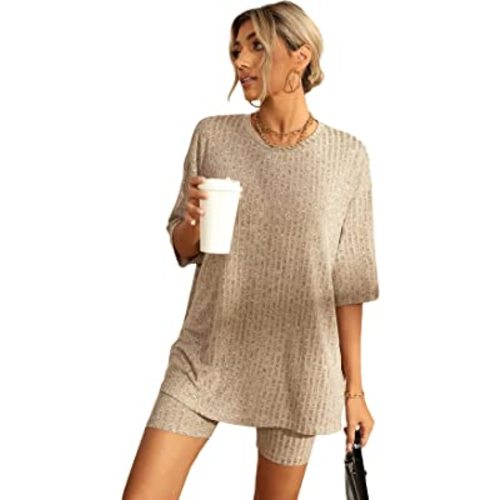 WDIRARA Women's 2 Piece Outfits Ribbed Short Sleeve Drop Shoulder Tee and Shorts Set
