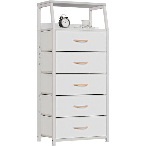 Furnulem White Dresser with 5 Drawers, Vertical Storage Tower Fabric Dresser for Bedroom, Hallway, Entryway, Nursery, Closet Organizer, Nightstand Bedside Table Furniture, Sturdy Steel Frame, Wood Top