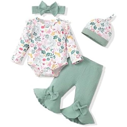 Newborn Baby Girl Clothes Infant Winter Fall Outfits Clothing Romper Ribbed Bell Bottoms Flared Pants Outfit Sets