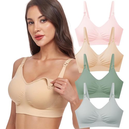 GXXGE 4Pack Nursing Bras for Breastfeeding Maternity Bra Comfort Seamless Pregnancy Sleep Bralette Alice Blue Fair Green Pink Beige XX-Large
