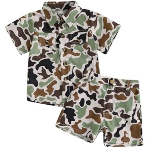 Toddler Baby Boy Hunting Outfit Duck Camo Button Down Short Sleeve Shirt Top and Shorts Set 2Pcs Summer Outfits