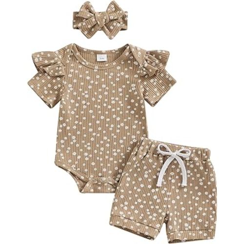 Newborn Baby Girl Clothes Summer Knit Ribbed Floral Print Short Sleeve Romper Shorts Headband Outfit Set