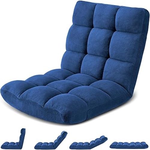 Folding Floor Gaming Chair 14-Poistion Cushioned Adjustable Floor Lazy Sofa Chair w/Breathable Cotton & Skin-Friendly Velvet for Adults & Kids Perfect for Reading Gaming Meditating, Darkblue